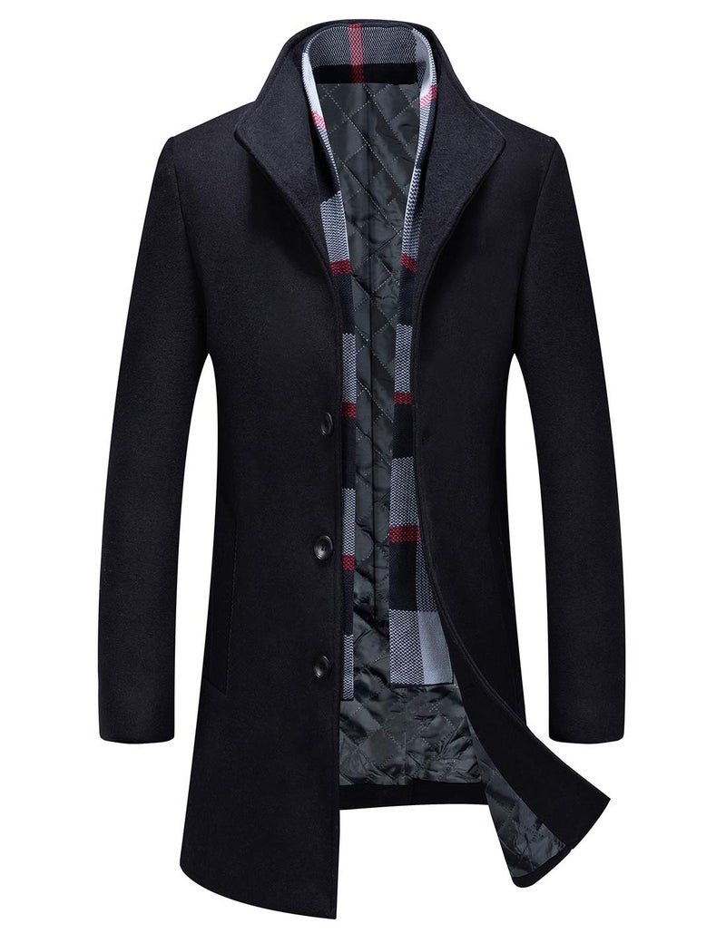 iCKER Mens Trench Coat Winter Wool Blend Jacket Overcoat Long Top Coat Warm Pea Coat-1911-Black-Large - Image 1